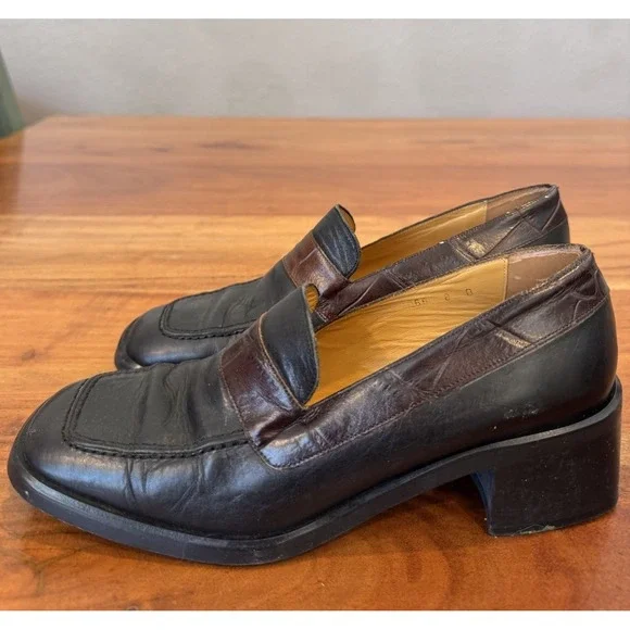 Black Chunky Leather Square Toe Oxford Heeled Shoes Grunge Clueless Y2K VTG 8 B‎ - Picture 6 of 8